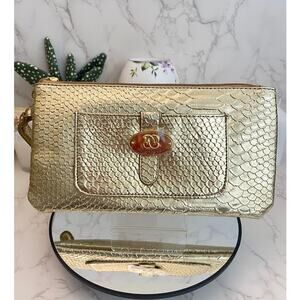 Sharif 1827 Metallic Gold Snake Embossed Leather Wristlet NWOT